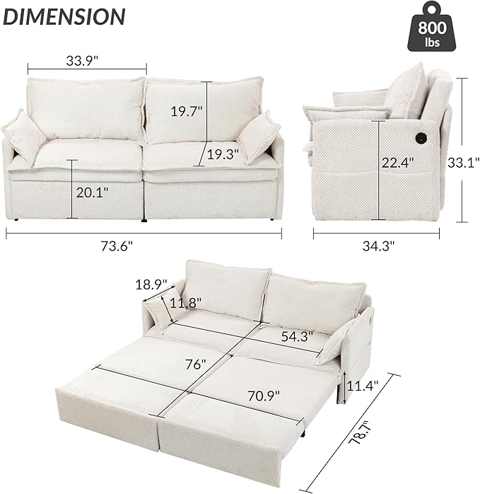 GRAINLLE King Size Pull Out Couch,3-in-1 Corduroy Sleeper Sofa with Pull Out Sofa Bed,USB & Side Storage,Convertible Loveseat Sleeper Couch for Living Room, Bedroom, pet-Friendly(Beige, 73.6'')