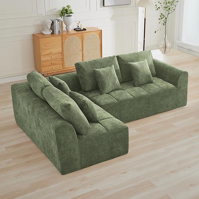 110''Modular Sectional Couches for Living Room, Cloud Boneless Compressed Sofa Left Facing Chaise, Oversized L Shaped 4 Seater Memory Foam Sofa, No Assembly, Chenille Green