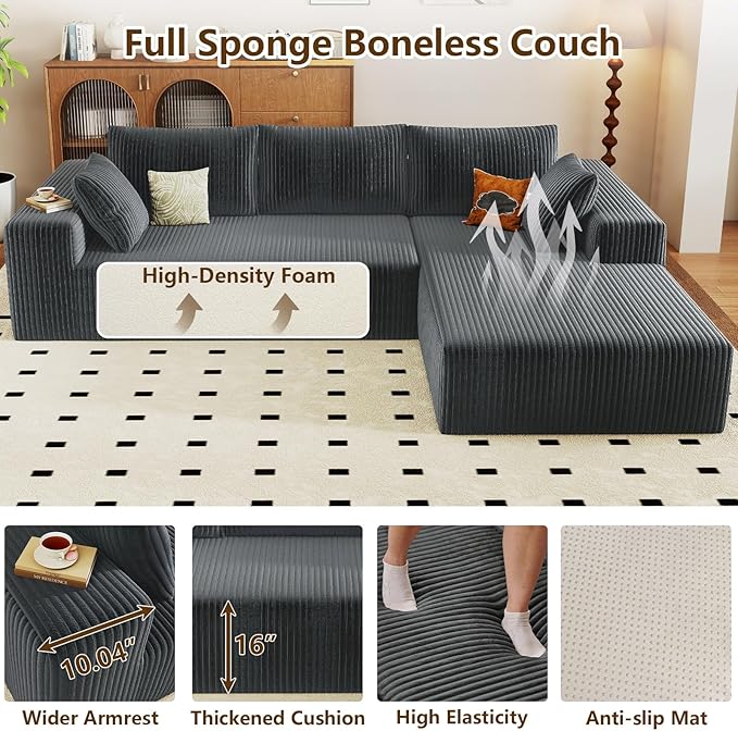 96" Modular Sectional Couch, Boneless L Shaped Cloud Sofa with Chaise Lounge, Corduroy Upholstered Couches Memory Foam Deep Seat, No Assembly Required, Ideal for Living Room(Dark Gray, Right Facing)