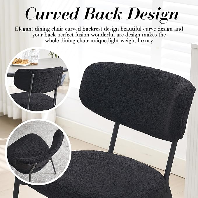 KCC Boucle Dining Chairs Set of 2, Modern Mid-Century Upholstered Stylish Kitchen Chairs Sherpa Accent Diner Chairs with Metal Legs and Curved Back for Kitchen, Dining Room(Black)