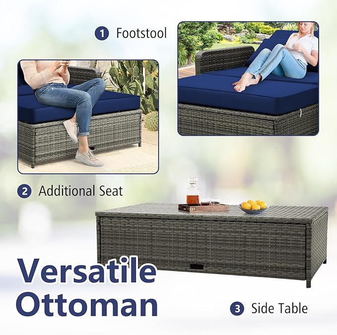 RELAX4LIFE Wicker Patio Outdoor Daybed - Rattan Day Bed Lounger with Loveseat & Storage Ottoman, Sunbed Sofa Set w/Cushions, 4-Level Adjustable Backrest & 2 Retractable Trays, Patio Daybed (Navy-Grey)