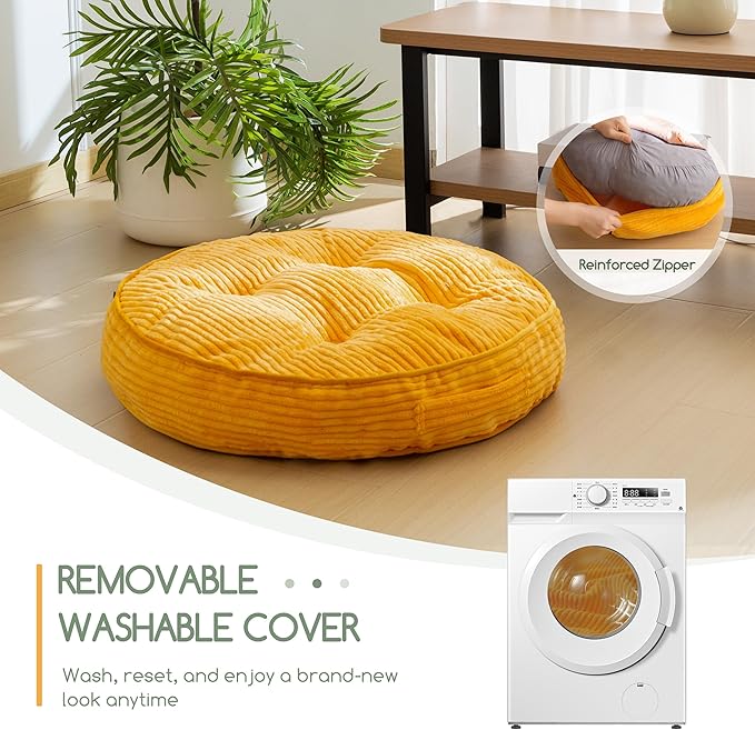 Washable Floor Pillow Cushion for Adults, Meditation Cushion Pillow, Large Round Floor Sitting, Removable Tufted Corduroy Cover, for Tatami Living Room or Yoga, 22x22 Inch, 2Pack, Machine Washable
