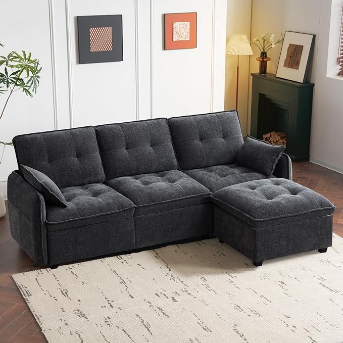 PALLOME 96" Modular L-Shaped Sofa - 3-Seat Cloud Couch with Movable Ottoman, Extra Deep Seat Sofa Couch with Throw Pillows for Living Room & Small Spaces (Grey, 3-Seat + Ottoman)