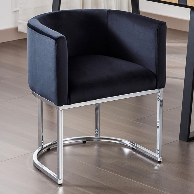 VESCASA Velvet Upholstered Dining Chair with Barrel Back, Mid Century Modern Padded Restaurant Chair with Chrome Metal Frame for Kitchen, Dining Room, 1 Piece, Black