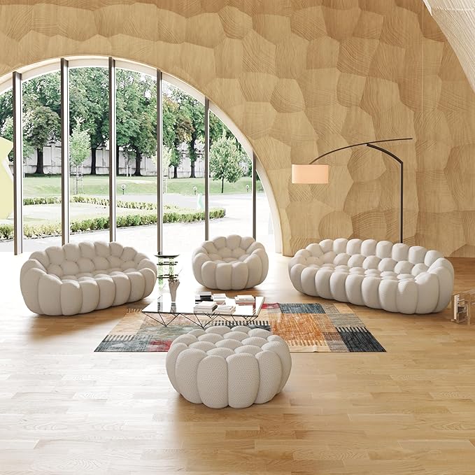 JACH Bubble Sofa Curved Couch Set, Comfy Upholstered Sofa, Mesh Fabric 3D Honeycomb Shape Modern Couches for Living Room, Apartment (Light Grey, 1 Seater, 2 Seater, 3 Seater, Ottoman)