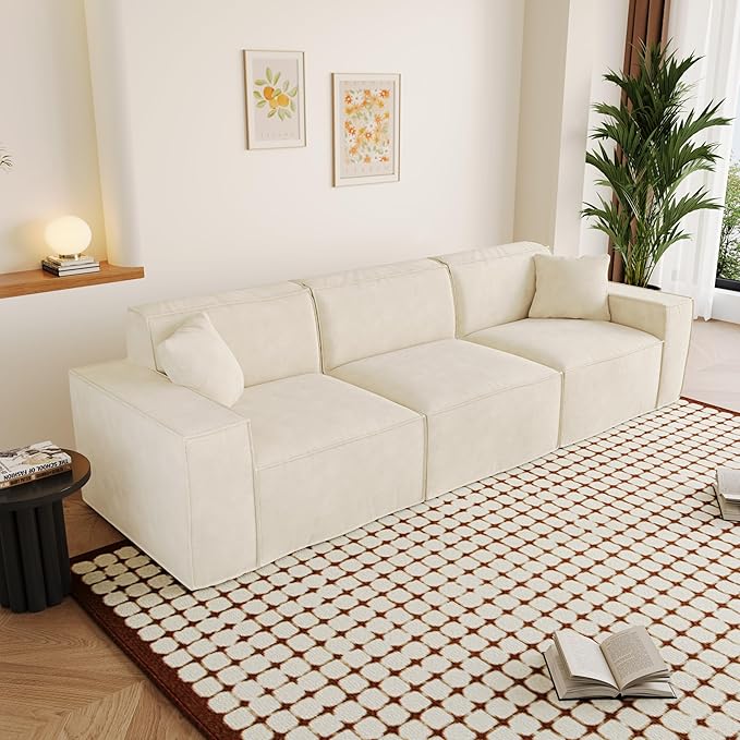 110" Cloud Sectional Couch, Chenille Boneless Couch 3 Seater with Deep Seats & Wide Armrests, Comfy Modular Sectional Sofa Memory Foam Compression Floor Sofa for Living Room, No Assembly Required