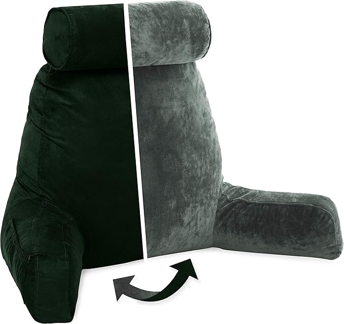 Husband Pillow XXL Aspen Edition, Adult Reading Sit Up Bed Rest Pillow for Bed with Arms & Neck Roll on Bungee Cord - Premium Memory Foam, Reversible 2 Sided Cover Micro Suede or Plush, Ramona Green