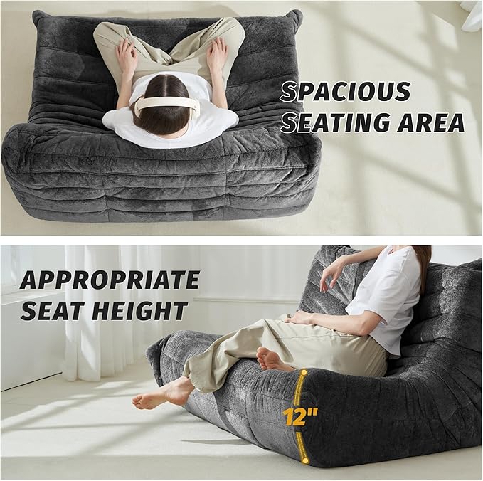 Homguava Bean Bag Chair, Giant Beanbag Chairs for Adults, Memory Foam Fireside Chair, Large Lazy Floor Sofa, Sofa Couch with High-Rebound Foam, Lounge Chair for Living Room, Bedroom (Grey, Loveseat)