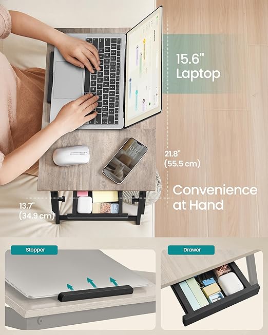 SONGMICS Bed Laptop Desk, Folding Bed Tray for Laptop up to 15.6 Inches, Adjustable Angle and Height, Portable for Working Reading Writing Breakfast, Bamboo Legs, Drawer, Heather Greige ULLD105W01