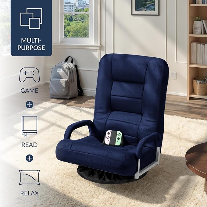 Best Choice Products Swivel Gaming Chair 360 Degree Multipurpose Floor Chair Rocker for TV, Reading, Playing Video Games w/Lumbar Support, Armrest Handles, Adjustable Foldable Backrest - Navy