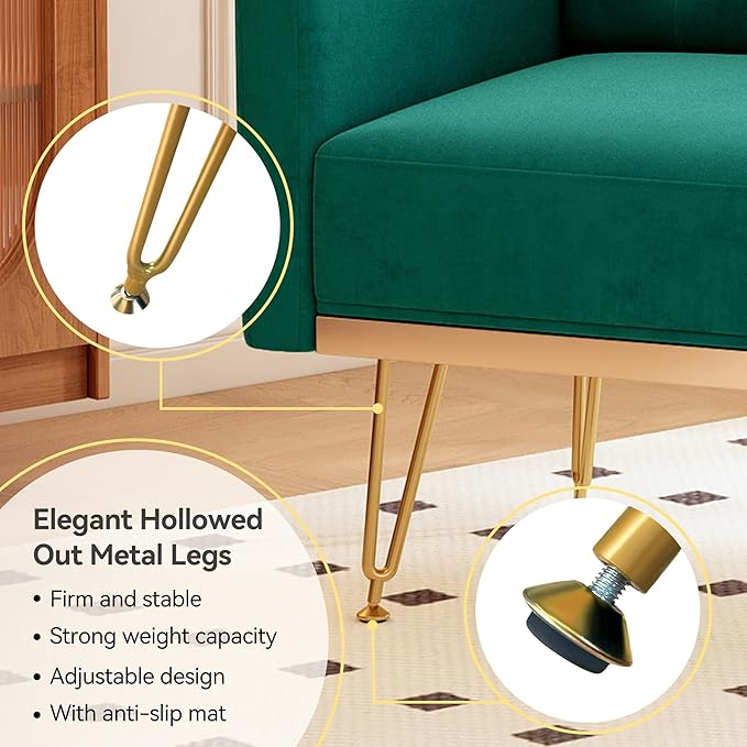 Accent Chair for Living Room, Comfy Oversized Velvet Upholstered Arm Chairs, Mid Century Modern Reading Single Sofa Side Chair with Tufted Back and Gold Legs for Bedroom (1, Green)