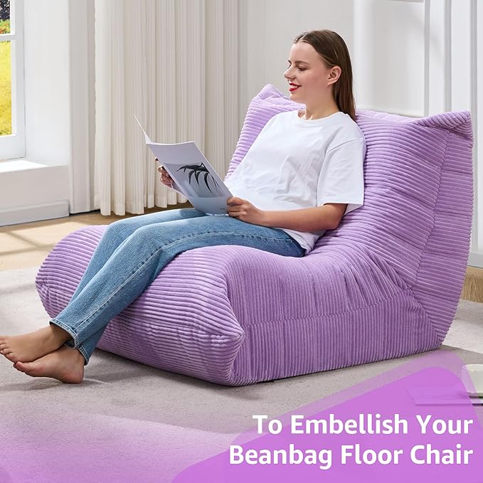 Bean Bag Chairs for Adults Giant Bean Bag Chair Memory Foam BeanBag Chair Bean Bag Sofa with Filler Faux Fur Fireside Beanbags Lazy Sofa for Living Room Bedroom Office (Purple Corduroy, Single)