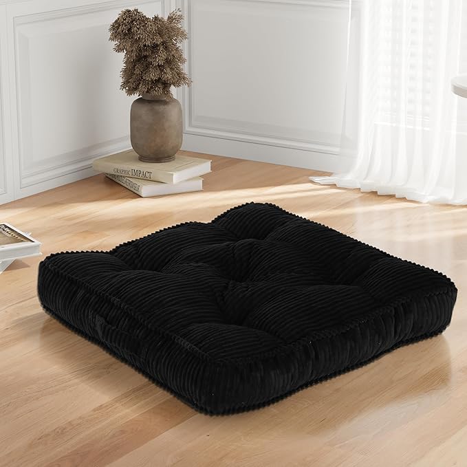 PRIMEPATIO Square Floor Pillow for Adults, Tufted Floor Cushion for Sitting, Large Meditation Cushion, Thick Corduroy Seat with Handle, Tatami Seating for Yoga, 24x24 Inch Black, 1Pack