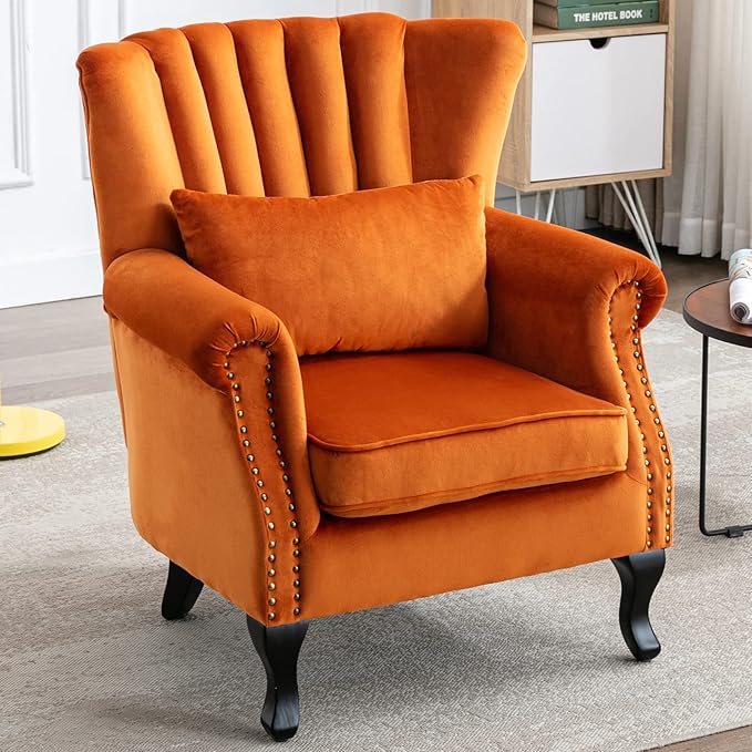 LZAREAL Accent Reading Arm Chairs Midcentury Modern Comfy Corner Sofa Chair, Wingback Waiting Room Club Chair with Tufted Back for Living Room/Bedroom/Reception Room, Velvet Orange