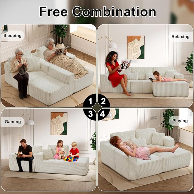 HYJT-H&K Modular Sectional Sofa Cloud Sectional Couch, 107" Comfy Fluffy L Shaped White Couches for Living Room, Deep Seat Memory Foam Plush Corduroy Boneless Couch Sectionals Right Facing Chaise Sofa