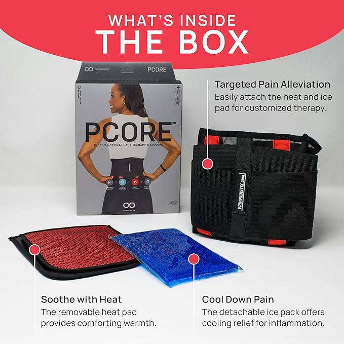 PRIMEKINETIX Pcore Dynamic Lower Back Support Belt - Adjustable Lumbar Brace for Pain Relief with Heat & Ice Therapy - Posture Corrector for Men Women - Breathable Core Support Belt, Size S
