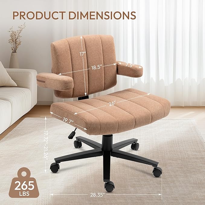 Vigosit Criss Cross Chair with Wheels – Comfortable Vanity Chair, Wide Rolling Cross Legged Office Chairs with Arms, Adjustable Desk Chairs Comfy for Home Office, Swivel Task (Brown)