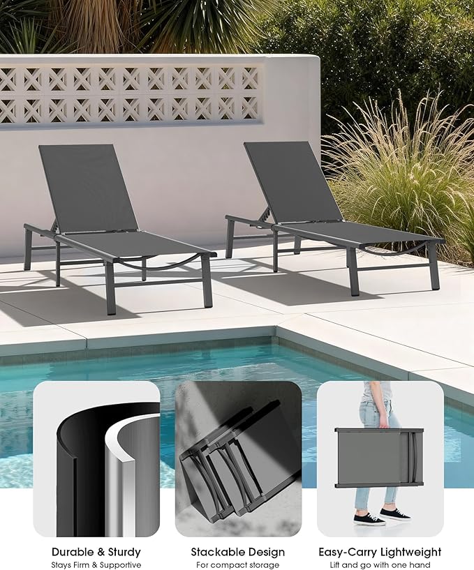 Ciokea Aluminum Outdoor Lounge Chair Set of 2- No Assembly Needed, Foldable Patio Chaise Lounge with 5 Adjustable Positions, Reinforced Frame for Extra Durability, Pool Beach Lounge Chair,Grey