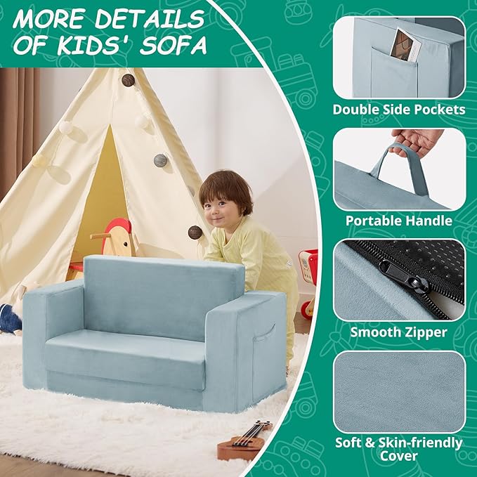 Kids Couch, 2-in-1 Toddler Chair Comfy 1-3 Years, Convertible Kids Chair, Toddler Couch That Fold Out, Kid Lounge Chairs for Boys and Girls, Soft Coral Fleece, Double, Blue