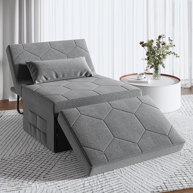 4 in 1 Sleeper Chair, Convertible Sleeper Sofa with Ottoman, Ottoman Bed for Adults, Sofa Bed with Adjustable Backrest for Living Room Apartment Office, Light Grey