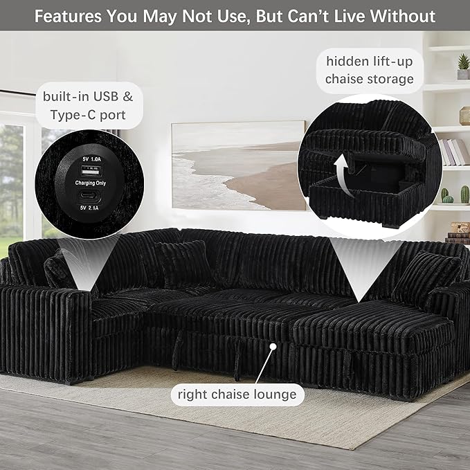 Olodumare Oversized Convertible Sectional Sofa Bed for Living Room, Modern 122’’ Corduroy Upholstered U-Shaped Couch with Right Chaise Hidden Storage & Pull-Out Bed, USB & Type-C Port, Polar Black