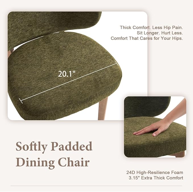 YOUNUOKE Boucle Dining Chairs Set of 6, Mid Century Modern Chenille Dining Room Chair with Soild Wood Legs, Upholstered Widen Backrest Comfy Armless Side Kitchen Chairs, Green