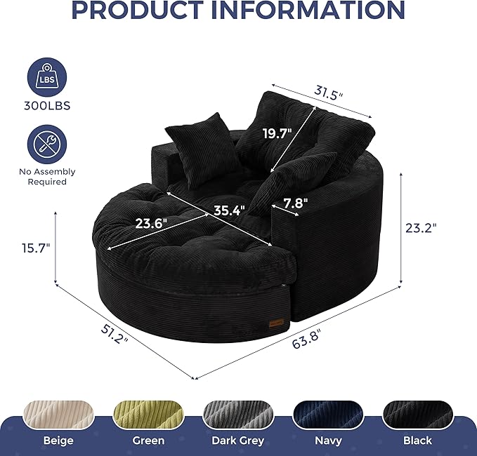 MAXYOYO Modular Sectional Chaise Lounge Sofa, Round Upholstered Lounge Chair with Ottoman, Comfy Couch with Layered Cushion, Tufted Sleeper Chair for Living Room, No Assembly, Black