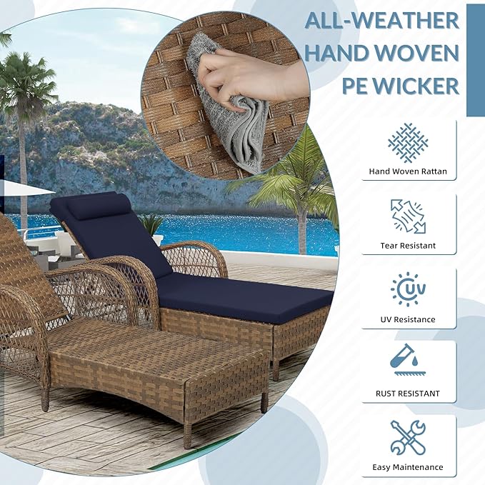 WINGTU Outdoor Chaise Lounge Chair Set of 2, PE Wicker Recliner Patio Reclining Sunbathing Chair with Cushion, 6-Position Patio Lounge Chair with Adjustable High Backrest, Armrest & Pillow, Navy Blue