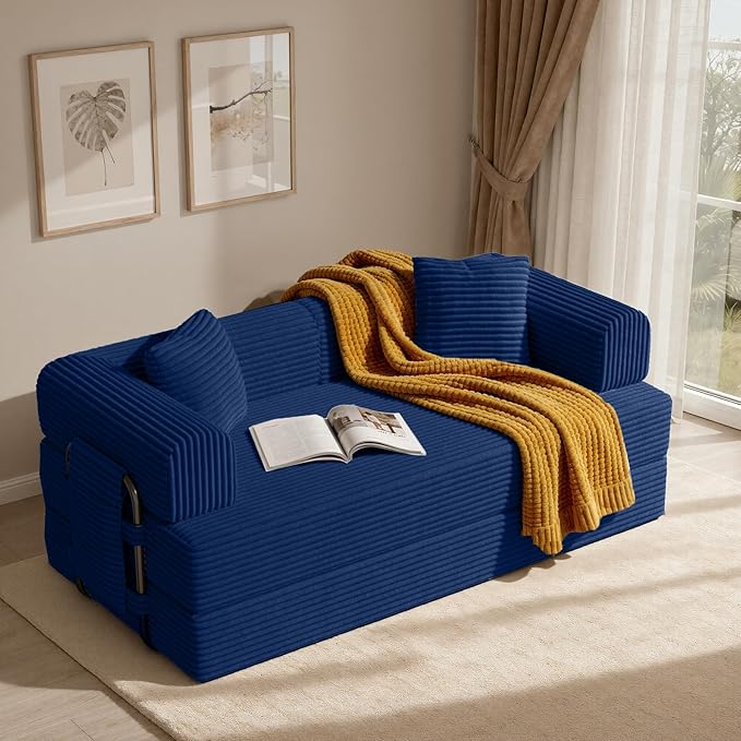 Convertible Corduroy Sleeper Sofa Bed with Cylindrical Pillow, Folding Mattress Couch with Fixed-Shape Frame, Floor Sofa Lounge Couch for Living Room Bedroom Lounge Studio, Blue
