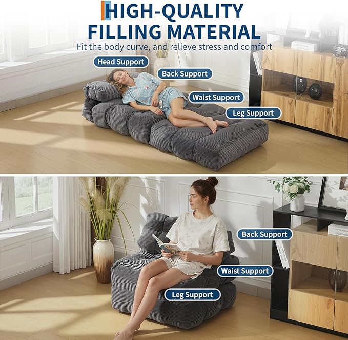 Garvee Folding Sofa Bed, Convertible Sleeper Chair with Pillow Foldable Mattress with Back Support, Boneless Fold Out Chair Bed Comfy Floor Sofa Lounge for Living Room, Bedroom, Dark Gray, Single