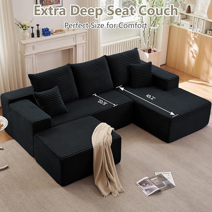 Lakifun 107" U-Shape Cloud Couch, Modern Modular Sectional Comfy L-Shape Sofa with Ottoman, Deep Seat, Upholstered Corduroy Sleeper Chaise Longue for Living Room Bedroom, No Assembly Required, Black