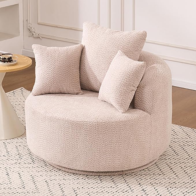 Yoglad 38.58'' Swivel Round Chair, Comfy Boucle 360° Accent Chair with Thick Cushion, Oversized Modern Single Sofa with 3 Pillows, Soft Armchair for Nursery, Living Room, Bedroom, Office (Beige)