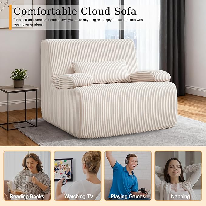AHMED Boneless Chair, Corduroy Cloud Chair Foam Couch with Wide Armrest&Pillow, No Assembly Reading Single Sofa for Living Room/Bedroom/Apartment, Beige,Single
