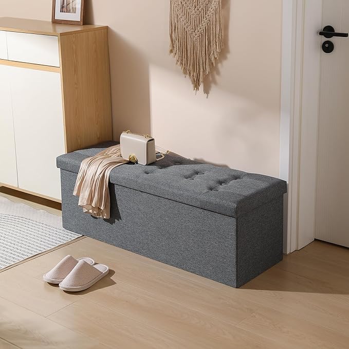PRANDOM Jumbo Ottoman with Storage [1-Pack] Linen Folding Small Square Foot Stool with Lid for Living Room Bedroom Coffee Table Dorm Grey 43x15x15 inches