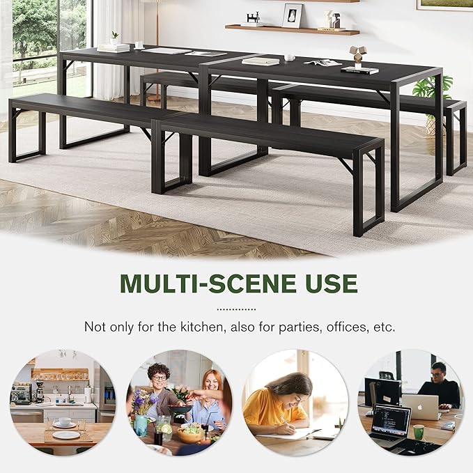 IMUsee 3PC 47.2" Dining Table Set for 4 with Benches, Heavy Duty Metal Frame, Small Space Saving Kitchen Dinette, Wood Board and Black Legs
