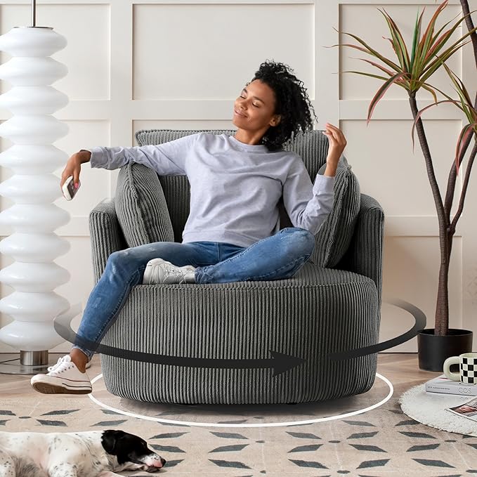 Chorlenimi Swivel Accent Chair Round Barrel Armchair Upholstered Living Room Chair Corduroy Reading Chair Single Sofa Chair for Bedroom Apartment Office (Grey, Standard 1Seater)