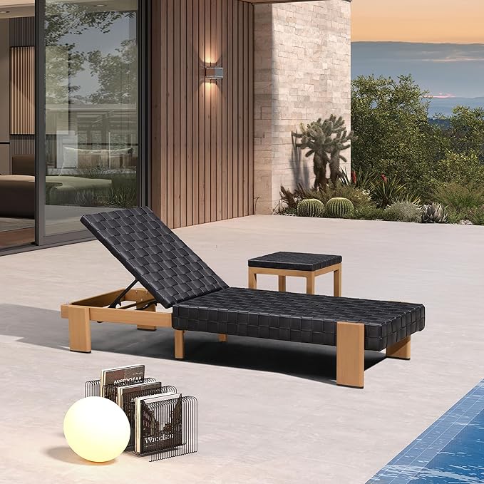 PURPLE LEAF Patio Lounge Chair Modern Outdoor PU Leather Style Chaise Lounge 1 Piece with Side Table Adjustable Backrest Aluminum Luxury Chaise Lounge Chairs for Pool Garden Backyard Beach, Black