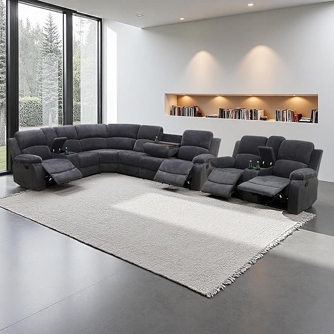 SIENWIEY Manual Recliner Sectional Sofa for Living Room,L Shaped Reclining Sectional Corner Couch with Loveseat,Gray Corduroy Recliner Sofa Set with Storage Console/Drop Down Coffee Table/Cup Holders
