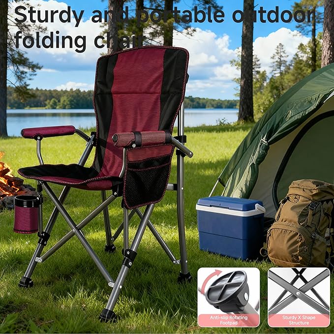 Folding Camping Chair with Cup Holder and Storage Bag, Heavy Duty Support 400 LBS, Oversized Collapsible Portable Camping Chair for Outdoor Camp, Picnic, Travel, Fishing Rose Red