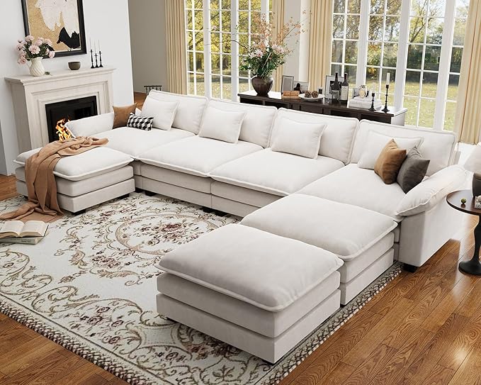 CDCASA 154" Oversized Modular Sectional Sofa, Comfy U-Shaped Cloud Couch w/ 3 Movable Ottomans, 7-Seater Velvet Deep Seat Modern Sofa Couch for Living Room, DIY Combination, Beige