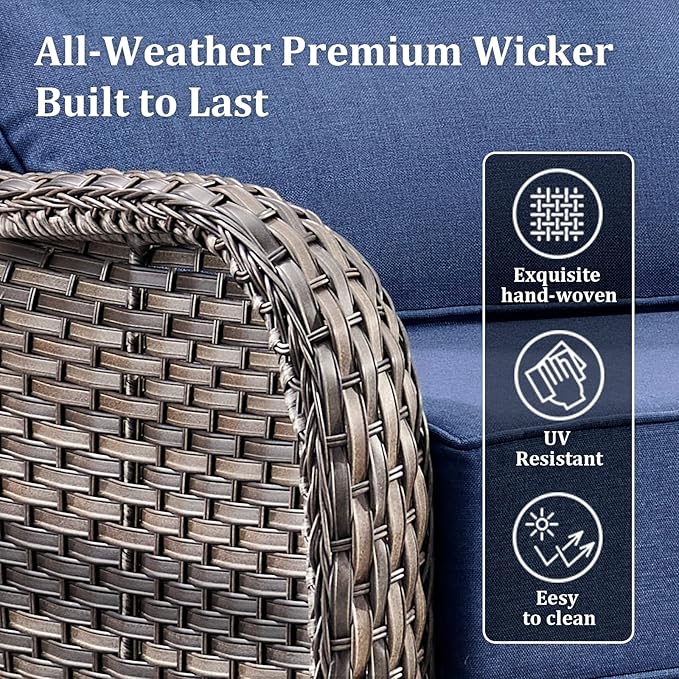 Pugire Luxury High Back Patio Furniture Set with 6-Inch Thick Cushions, 4-Pieces Outdoor Furniture with Swivel Chairs, Wicker Conversation Set for Porch, Balcony, Deck and Yard, Grey/Blue