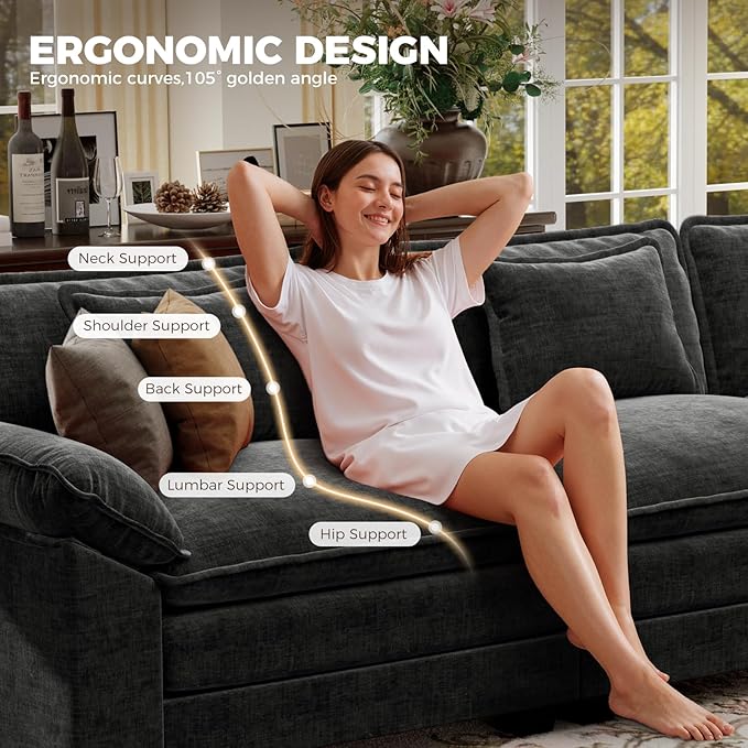 CDCASA 86" Modular Sectional Sofa, Comfy Cloud Couch with 2 Movable Ottoman, 4-Seater Chenille Deep Seat Sofa Bed Modern Sofa Couch for Living Room, DIY Combination, Black