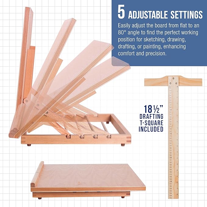 U.S. Art Supply Large 20-1/2" x 17" Wooden Drawing Board, Adjustable Table Top Easel for Painting and Drawing - Drafting Board with T-Square, Pencil Ledge
