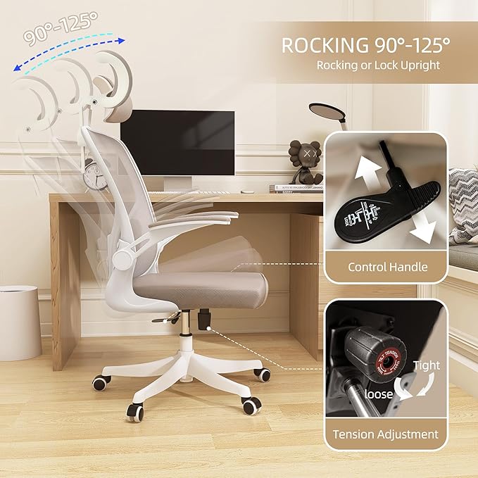 Monhey Office Chair Ergonomic Desk Chair with Lumbar Support&Headrest&Flip-up Arms Height Adjustable Rocking Swivel High Computer Chair Multi-Angle from 90° to 130° with 350LBS Capacity(04White+khaki)