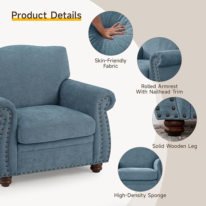 ONBRILL Nailhead Trim Armchair, Rolled Arm Accent Chair for Living Room, Comfy Chenille Club Sofa Chair w/Springs Cushions & Wood Legs, Traditional Single Couch Chair for Apartment, Farmhouse, Teal