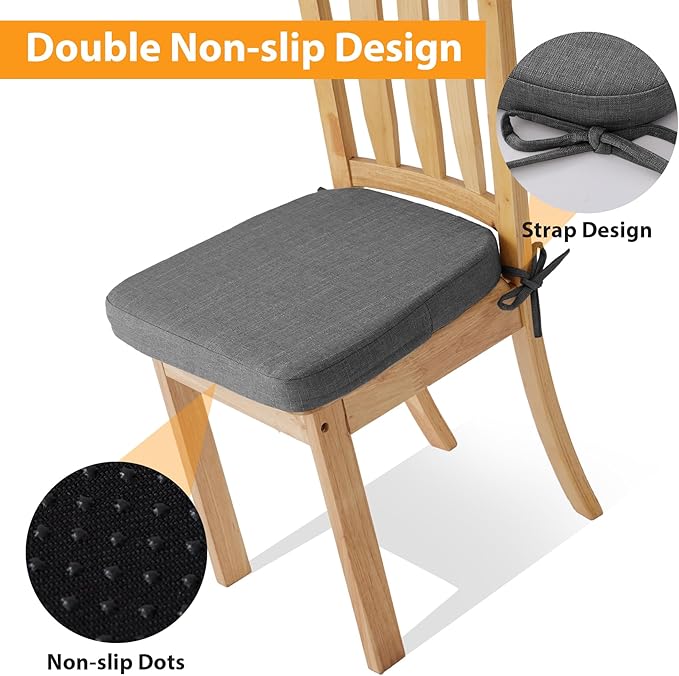 Ruqmuis Chair Cushions for Dining Chairs, 2" Thick Seat Cushions for Kitchen Chairs, D-Shaped Chair Pads with Washable Cover, Ties and Non Slip Backing, 17'' x 16'', Set of 6, Dark Grey