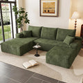 95" Cloud Sectional Couch with Ottoman,Modern U-Shaped Cloud Couch with Deep Seat,Comfy Corduroy 3-Seater Sofa,Memory Foam Sofa for Living Room,No Assembly (Green,Left-Facing Chaise)