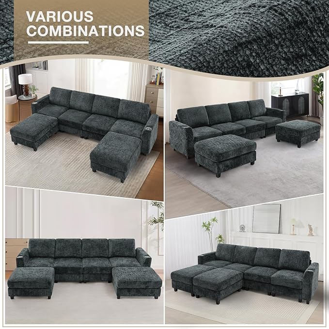 Lesofair 110" Convertible U-Shape Couch with 2 Flexible Ottomans, Soft Sectional Sofa with Durable Cup Holders, Chenille 4 Seater Sofa with Well-Filled Backrest for Living Room, House, Grey