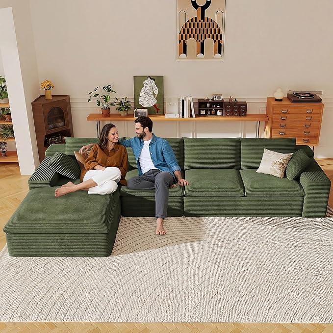 136" Cloud Sectional Couch with L-Shape Chaise, Modern Corduroy Viral Boneless Sofa for Living Room,Memory Foam Couches in a Box with Deep Seat,No Assembly Required (Green,Left-Facing Chaise)