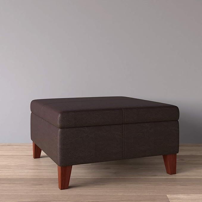 HomePop Faux Leather Square Storage Ottoman with Wood Legs, Distressed Brown
